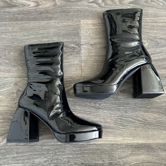 NEW Lulus Size 11 Edmen Black Patent Platform Mid Calf Boots Zip Up Block Heel - Picture 1 of 12